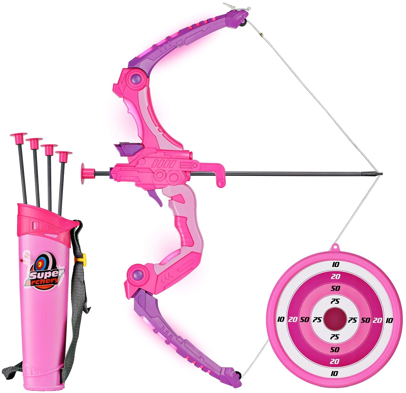 SainSmart Jr. Kids Bow and Arrows, Light Up Archery Set for Kids Outdoor Hunting Game with 5 Durable Suction Cup Arrows, Luminous Bow and Sighting Device, Pink - image 1 of 3