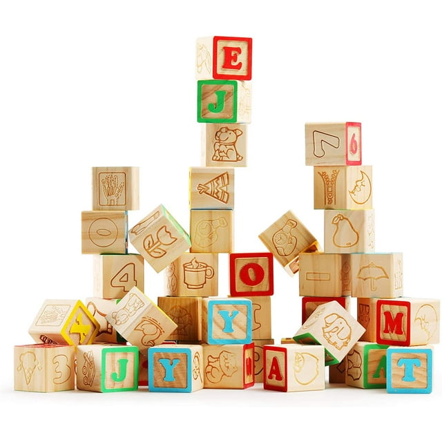 SainSmart Jr. Wooden ABC Alphabet Blocks Set, 40PCS Classic Wood Toy for Stacking Building Educational Learning, with Mesh Bag for Preschool Letters Number Counting for Ages 3 4 5 6 Toddlers,1.2"