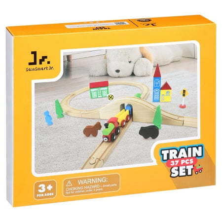 SainSmart Jr. Wooden Train Set for Toddler with Double-Side Train Tracks Fits Brio, Thomas, Melissa and Doug, Kids Wood Toy Train for 3,4,5 Year old Boys and Girls