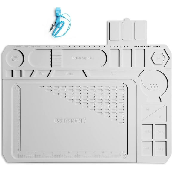 SainSmart Magnetic Repair Work Mat, 20 x 14 Inch Large Silicone Soldering Mat with Wrist Strap, Anti-Static Mat for Soldering, PCB board, Phone, and Electronic Repair, Grey