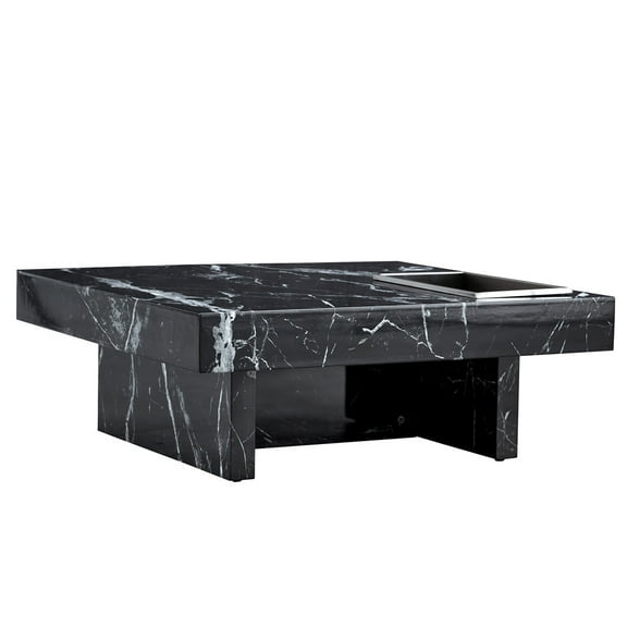 SainSpeed Modern Black Coffee Table, 31.4" x 31.4" x 12" Square Center Table, Black Faux Marble Patterns, Metal Storage Organizer, Thickened Legs Table