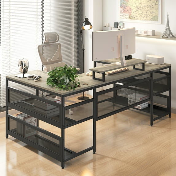 SainSpeed Office Desk, Computer Desk With LED Lights, 4 Storage Racks, 3 Spacious Desktops, Shelves, U Shaped Office Desk For Home, Office, Study, Bedroom