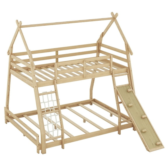SainSpeed Twin Over Queen Bunk Bed With Guardrails, Climbing Ramp,Climbing Nets, Wooden House Shape Pine Frame Slat Support Bed, Not Box Spring Required