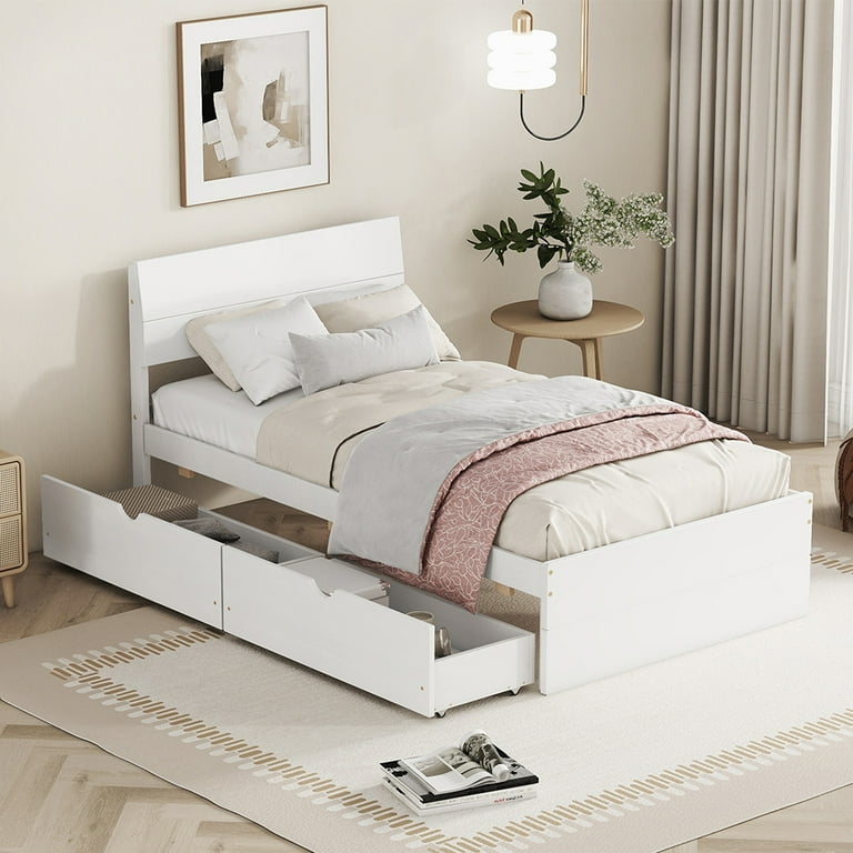 SainSpeed Twin Size Wood Platform Bed Frame With 2 Drawers Headboard Footboard Modern Single Bed No Spring Box Needed Wood Slat Support Mattress