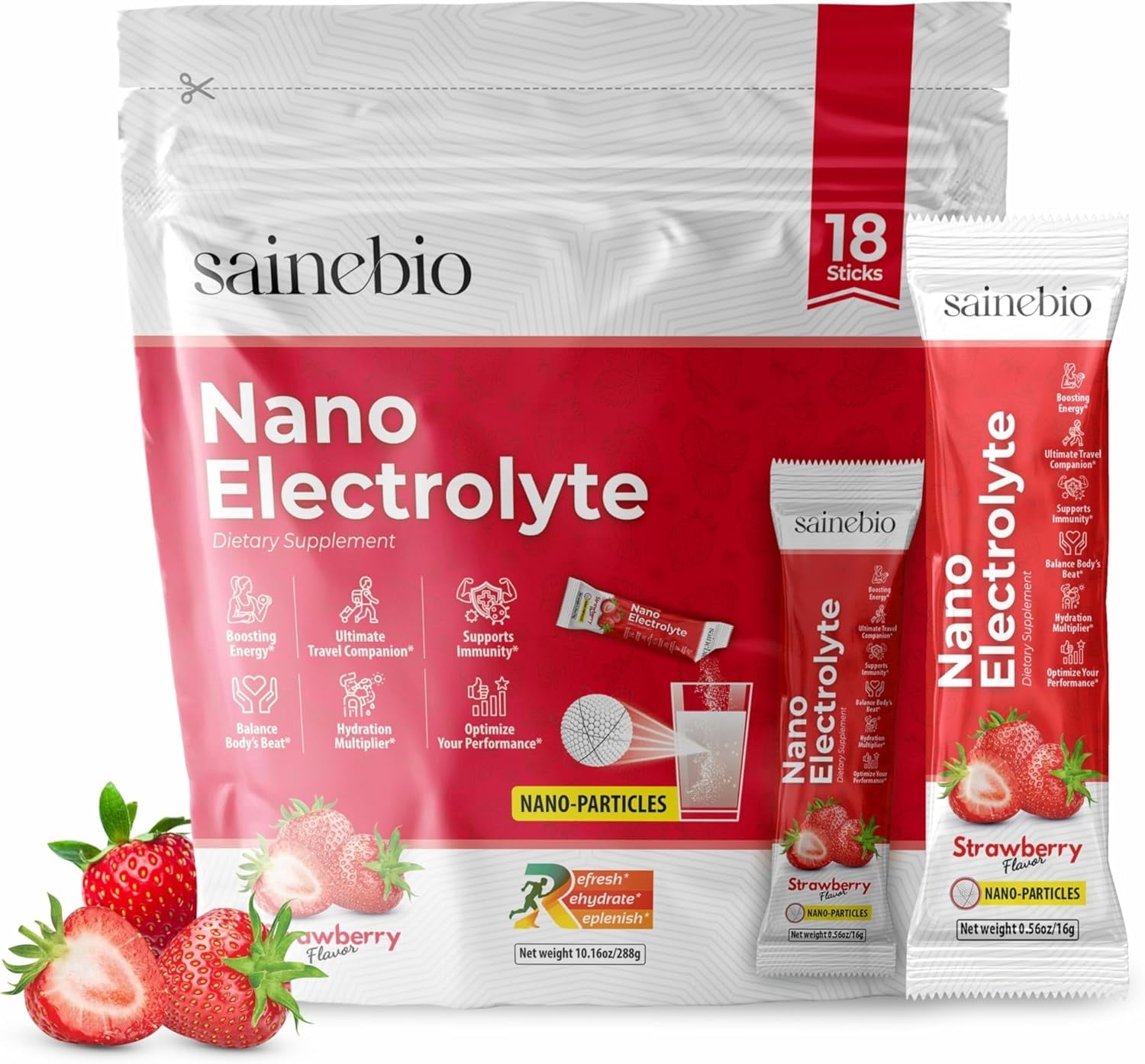 Sainebio Nano Electrolyte Powder Dietary Supplement, Potassium, Vitamin C & B-Complex, Strawberry Flavor, 18 Sachets (16 g Each), 10.1 oz