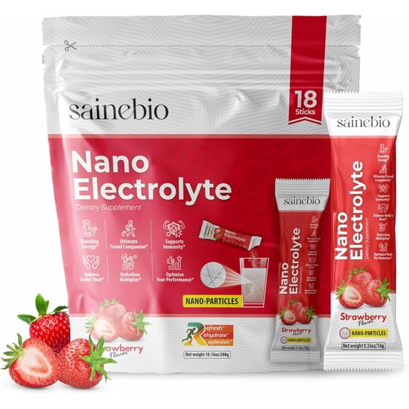 Sainebio Nano Electrolyte Powder Dietary Supplement, Potassium, Vitamin C & B-Complex, Strawberry Flavor, 18 Sachets (16 g Each), 10.1 oz
