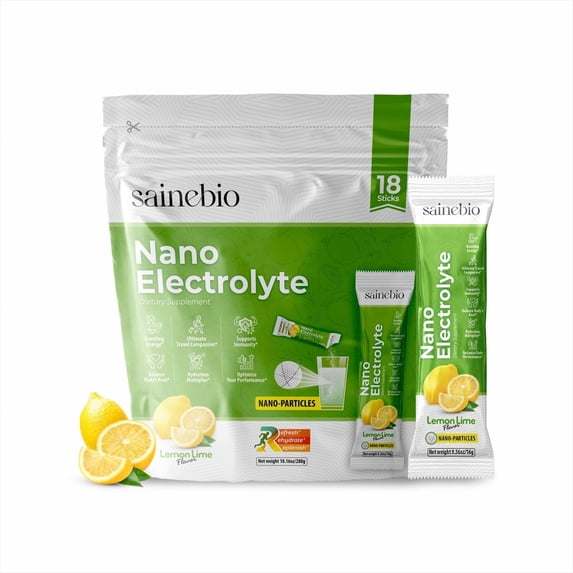 Sainebio Nano Electrolyte Powder, Lemon Lime Flavour, 18 Sachets, Potassium, Vitamin C & B-Complex, Hydration & Energy, 10.1 Ounce (pack of 1)