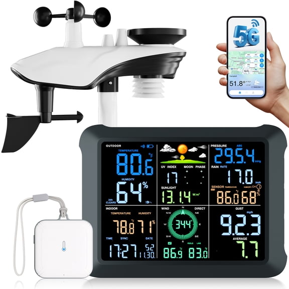 Sainlogic Weather Station, Dual-Band Wifi 5GHz/2.4GHz, AI Forecast, UV, Rain Gauge, Wind Speed, App Alerts, Extra Sensor