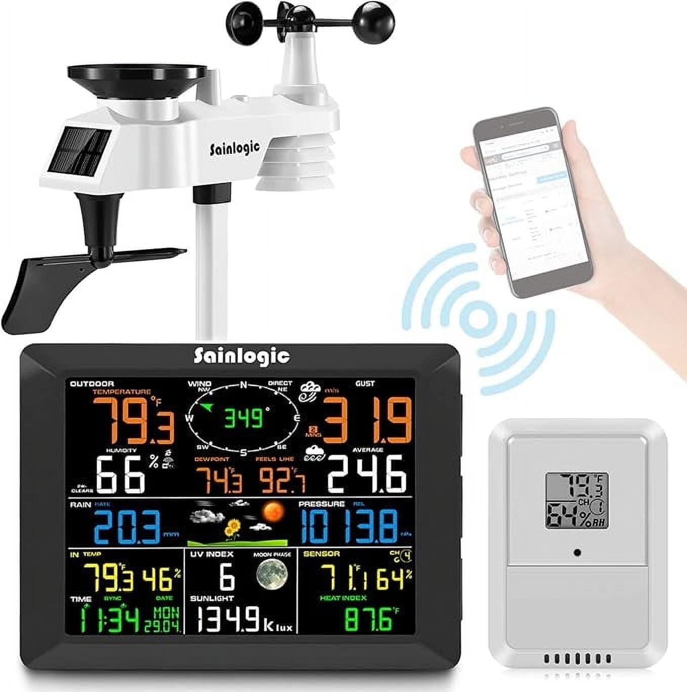 Sainlogic 8.3 inch Color Display WLAN Weather Stations Wireless Indoor Outdoor with 7-in-1 Rain Gauge and Wind Speed Sensor, Internet Wireless Weather Station Remote Monitoring System