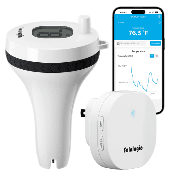Sainlogic PL-01 Smart Wireless Pool Thermometer Kit, WiFi Gateway Included, HD Digital Screen, Accurate Readings for Pools, Ponds, Aquariums & Outdoor Camping Essentials