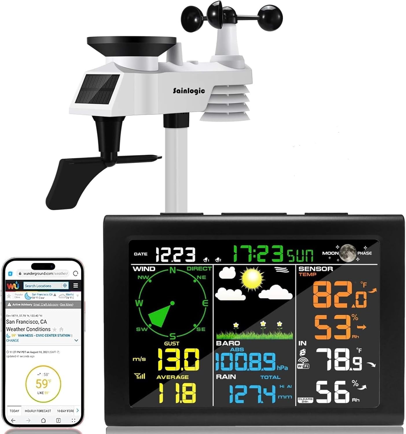 Sainlogic Professional WiFi Weather Station with Outdoor Sensor, Internet Wireless Weather Station with Rain Gauge, Weather Forecast, Wind Gauge, Wunderground, Black