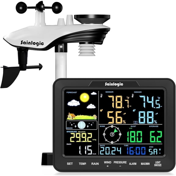 Sainlogic SA68 Wireless Weather Station, Indoor Outdoor Monitor with Rain Gauge, Temp/Humidity/Pressure, Moon Phase & Alarm, Black