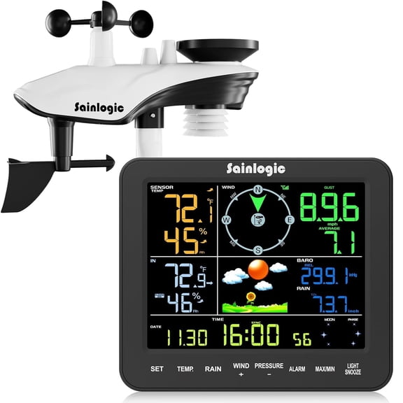 Sainlogic SA8 Home Weather Station with Rain Gauge and Wind Speed, Weather Stations Wireless Indoor Outdoor with Rain Gauge Outdoor, Forecast, Temperature, Humidity, Moon Phase, Alarm Clock(No WiFi)