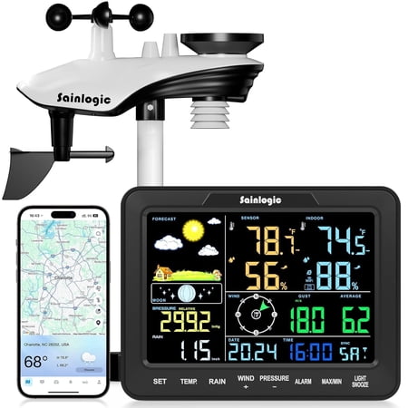 Sainlogic SA68 Plus Smart WiFi Weather Station with Rain Gauge, 24/7 AI Forecast by Weatherseed, App/Email Alerts & 2-Year Data Storage (2.4G)