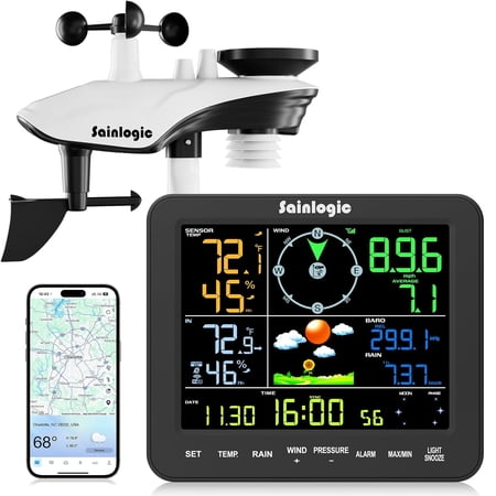 Sainlogic Smart WiFi Weather Stations Wireless Indoor Outdoor SA8 Plus,24/7 AI Weather Forecast by Weatherseed®, Home Weather Station with APP/Email Alert, Rain Gauge, 2-Year Data Storage(Only 2.4G)
