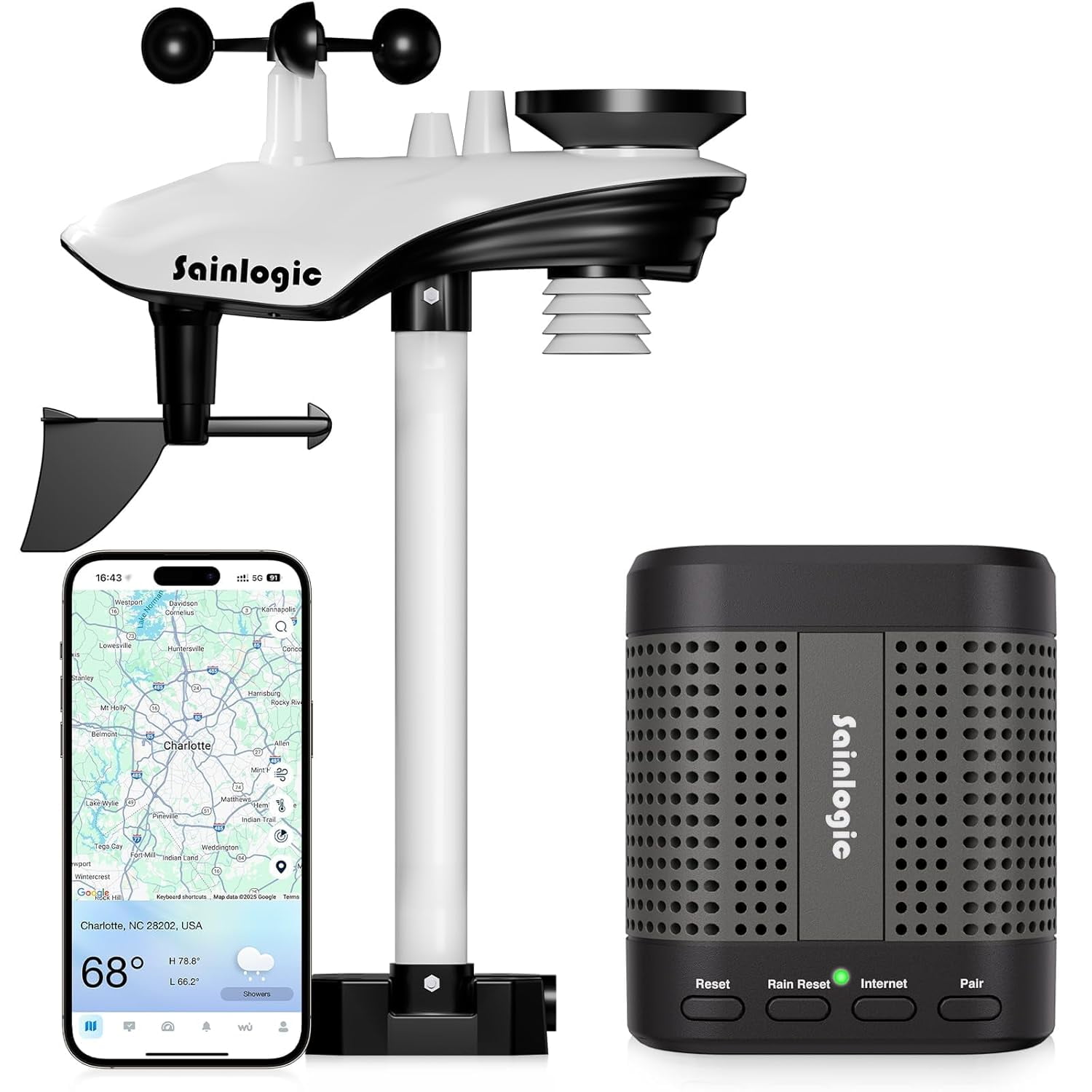 Sainlogic WiFi Smart Weather Station SA7 with 24H/ 7D Accurate Weather Forecast by Weatherseed AI,Weather Stations Wireless Indoor Outdoor,2-Year Data Storage (No Display,Only 2.4G)