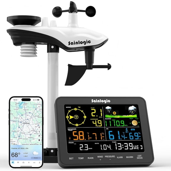 Sainlogic WiFi Smart Weather Stations Wireless Indoor Outdoor,24/7 AI Weather Forecast by Weatherseed,APP Alert,Weather Station with Rain Gauge and Wind Speed,2-Year Data StorageOnly 2.4G