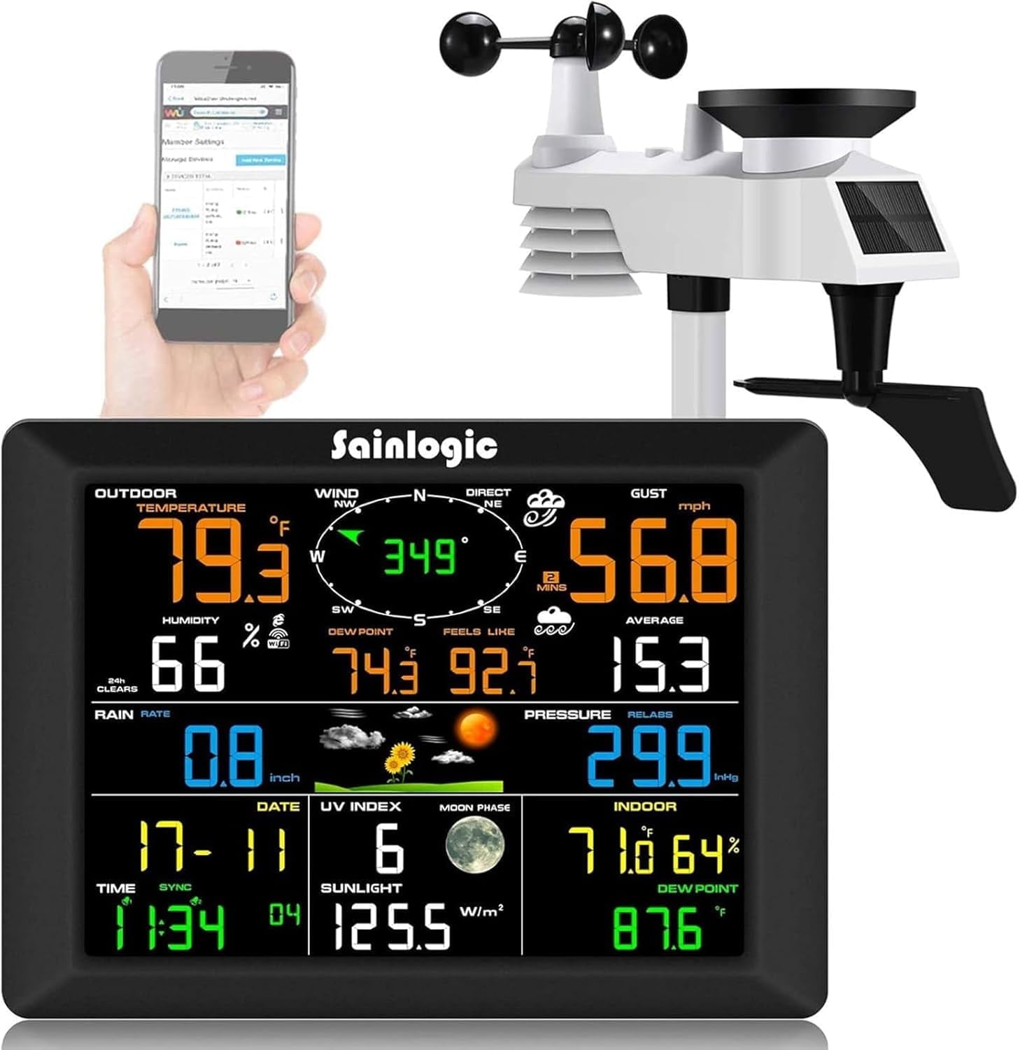 Sainlogic WiFi Weather Station, 8.3 inch Large Display Wireless Indoor Weather Stations with Rain Gauge and Wind Gauge,Weather Forecast,Wunderground