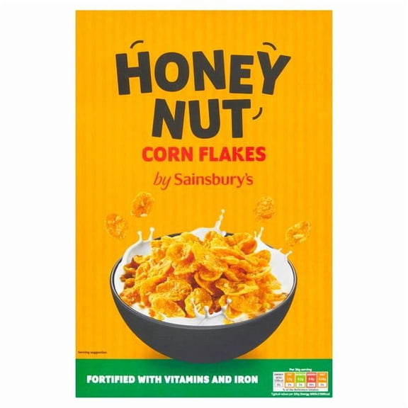Sainsbury's Honey Nut Corn Flakes 500g - Crunchy toasted, sweetened cornflakes with chopped peanuts and honey.