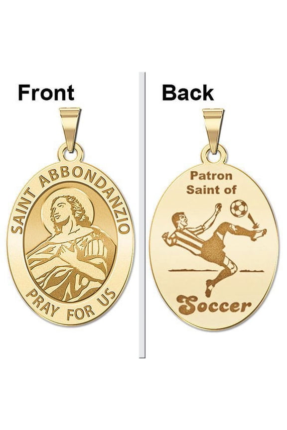 Saint Abbondanzio Oval Double Sided Soccer Religious Medal 1/2 X 2/3 Inch Size of Dime, 14k Yellow Gold