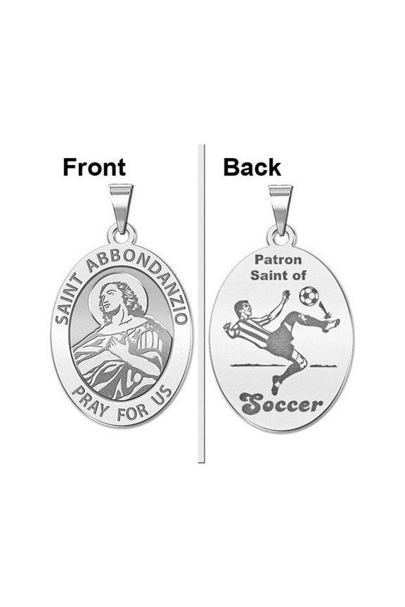Saint Abbondanzio Oval Double Sided Soccer Religious Medal - 1/2 X 2/3 inch Size of Dime, Sterling Silver