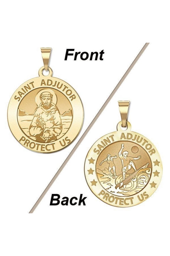 Saint Adjutor Doubles Sided Surfing Religious Medal -  1 Inch Solid 14K Yellow Gold
