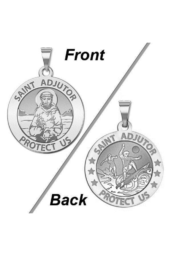 Saint Adjutor Doubles Sided Surfing Religious Medal -  - 2/3 Inch Size of Dime, Sterling Silver