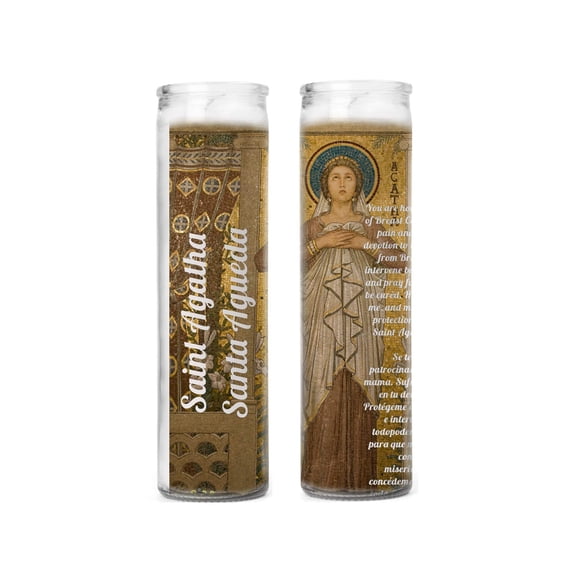 Saint Agatha Patron of Breast Cancer Patients Set of 2 Candles with Blessed Prayer Card, 8 Inch Glass Candles, Breast Cancer Support Gift, Cancer Survivor Gift