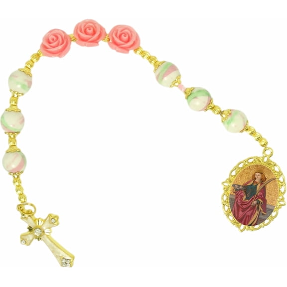 Saint Agatha Patron of Breast Cancer Victims Chaplet Niner 6 Marble Beads and 3 rose beads Includes a blessed prayer card select english or spanish