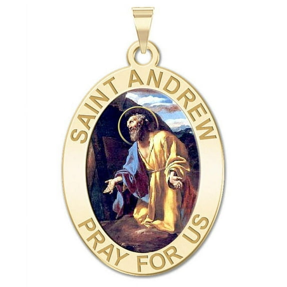 Saint Andrew Oval Religious Medal Color - 2/3 X 3/4 Inch Size of Nickel, Solid 14K Yellow Gold