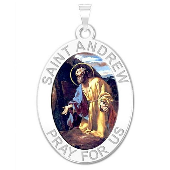 Saint Andrew Oval Religious Medal Color - 2/3 X 3/4 Inch Size of Nickel, Sterling Silver
