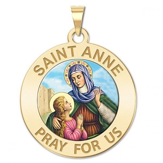 Saint Anne Round Religious Medal Color - 2/3 Inch Size of Dime, Solid 14K Yellow Gold