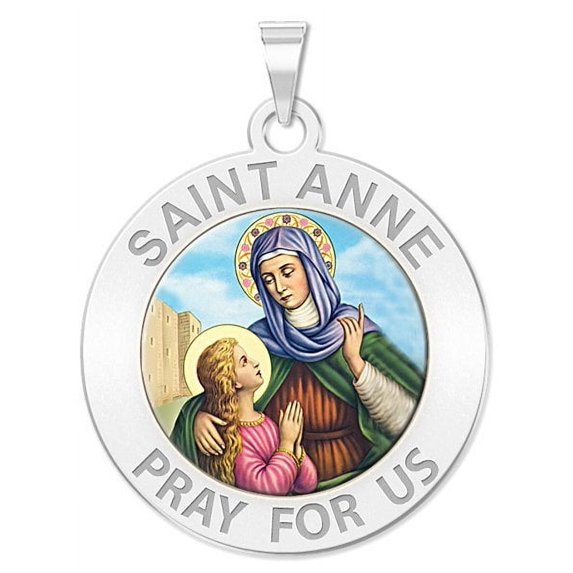 Saint Anne Round Religious Medal Color - 2/3 Inch Size of Dime, Sterling Silver