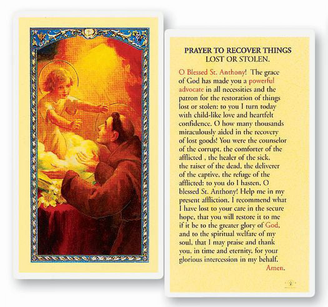 Saint Anthony Lost Things Laminated Catholic Prayer Holy Card with Prayer on Back, Pack of 25