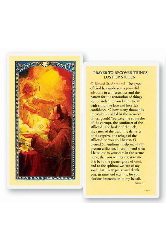 Saint Anthony Lost Things Laminated Catholic Prayer Holy Card with Prayer on Back, Pack of 25