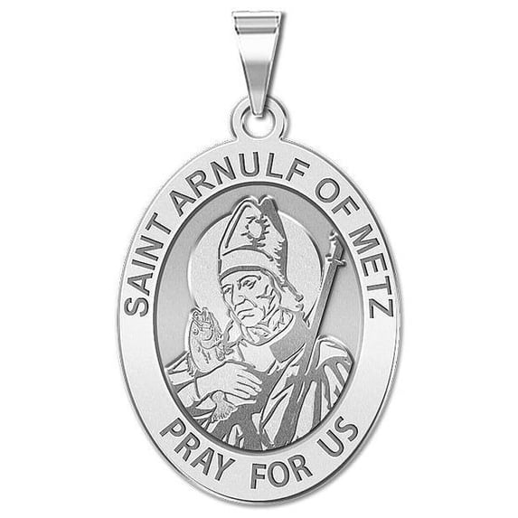 Saint Arnulf of Metz OVAL Religious Medal - 1/2 X 2/3 Inch Size of Dime, Solid 14K White Gold