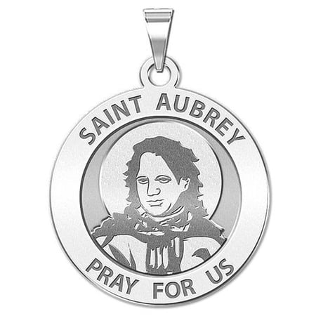 Saint Aubrey Religious Medal - 1 Inch Size of a Quarter - Solid 14K White Gold