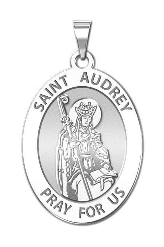 Saint Audrey Religious Medal - 1/2 X 2/3 Inch Size of Dime, Solid 14K White Gold