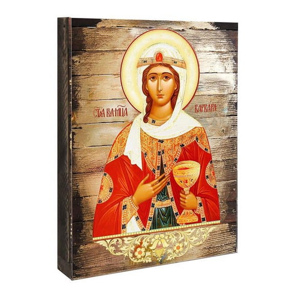 Saint Barbara Wall Painting on Gold-Plated Wooden Block
