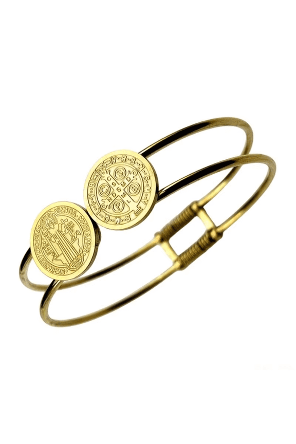 Saint Benedict CSPB Medal Bracelet for Women Men 14K Gold Fashion Round Double Line Bangle Jewelry