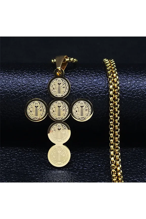 Saint Benedict Cross Necklace 14K White Gold Religious Jesus Necklaces Catholic Jewelry colier homme