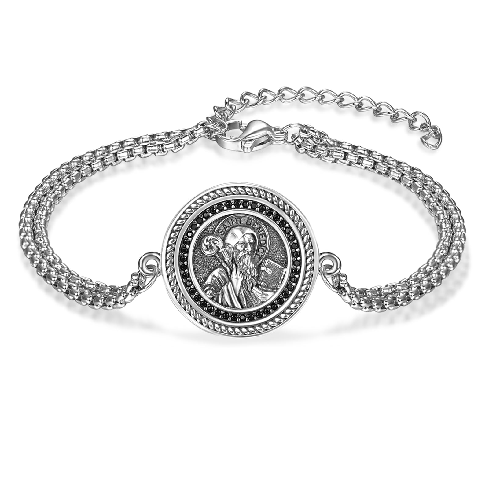 Saint Benedict Medal Bracelet 925 Sterling Silver Multi Strand Chain Black Crystal Protection Blessing Religious Jewelry Gift for Catholic Men