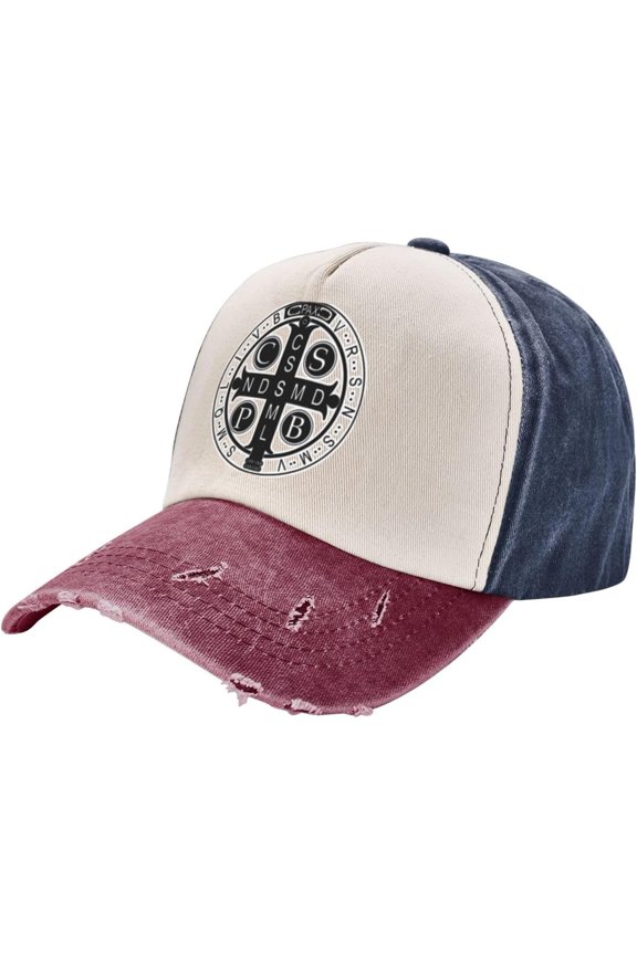 Saint Benedict Medal Hat Vintage Adjustable Baseball Cap Cotton Dad Hat Trucker Hat for Women Men,Dark Red
