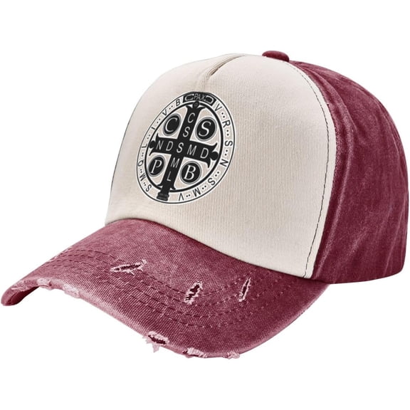 Saint Benedict Medal Hat Vintage Adjustable Baseball Cap Cotton Dad Hat Trucker Hat for Women Men,Dark Red