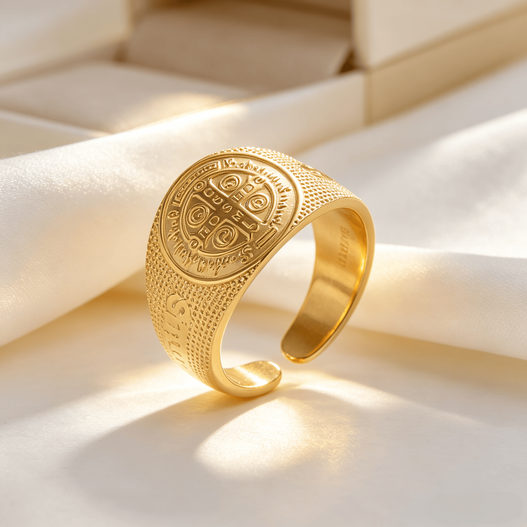 Anillo sello ajustable abierto de la Medalla de San Benito para hombre y mujer, con baño de oro de 14K, joyería religiosa de protección