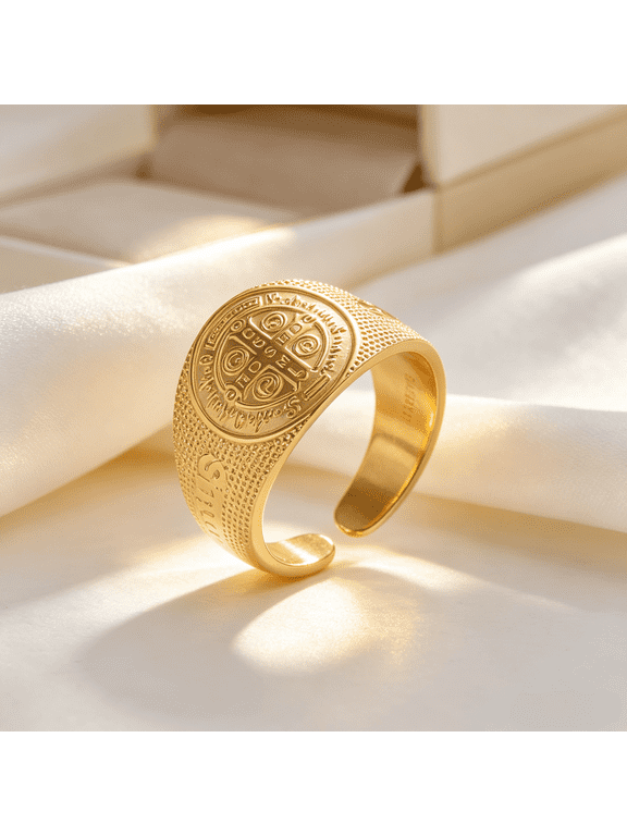 Saint Benedict Medal Open Adjustable Signet Ring For Men Women, 14K Gold Filled Religious Protection Jewelry
