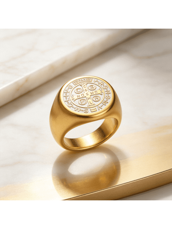 Saint Benedict Medal Signet Ring For Men Women, 14K Gold Filled Two Tone Religious Statement Jewelry
