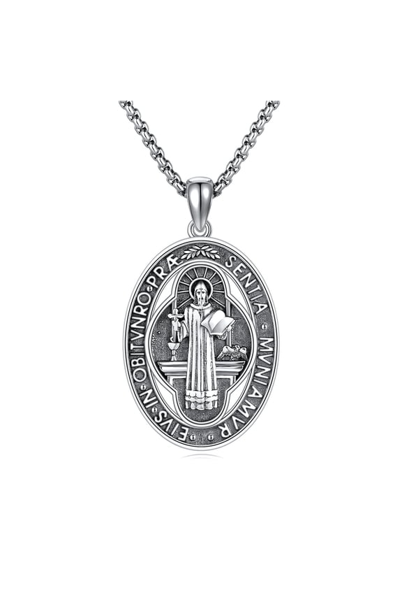 Saint Benedict Necklace S925 Sterling Silver St Benedict Medals for Men Medalla de San Benito Jewelry for Women Christian Jewelry 22"+2" Chain