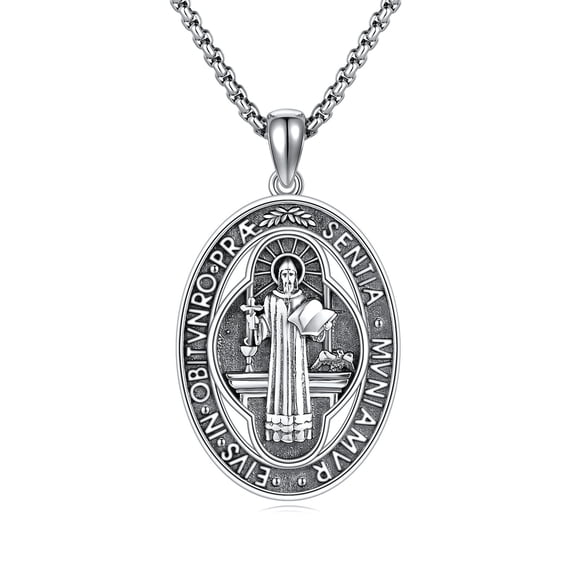 Saint Benedict Necklace S925 Sterling Silver St Benedict Medals for Men Medalla de San Benito Jewelry for Women Christian Jewelry 22"+2" Chain