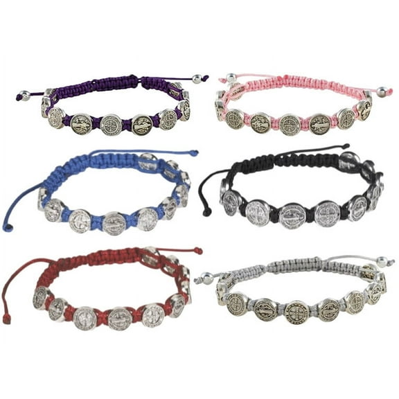 Saint Benedict Silver Tone Medal 8" Adjustable Rosary Bracelet Set of 6 Multi Colors